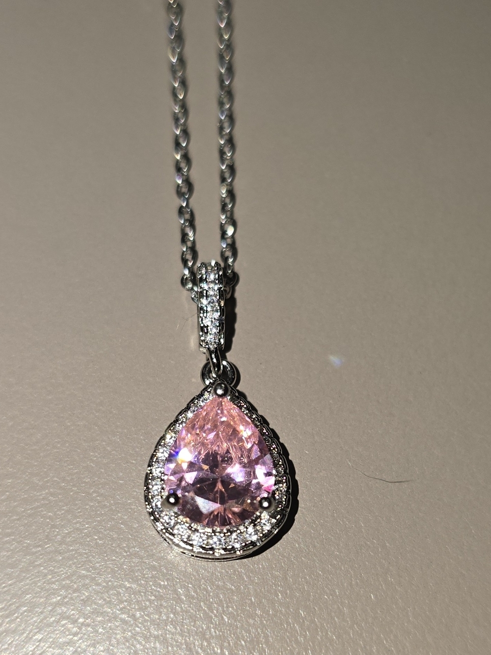 Pink Teardrop Cubic Zirconia Pendant Necklace - Silver